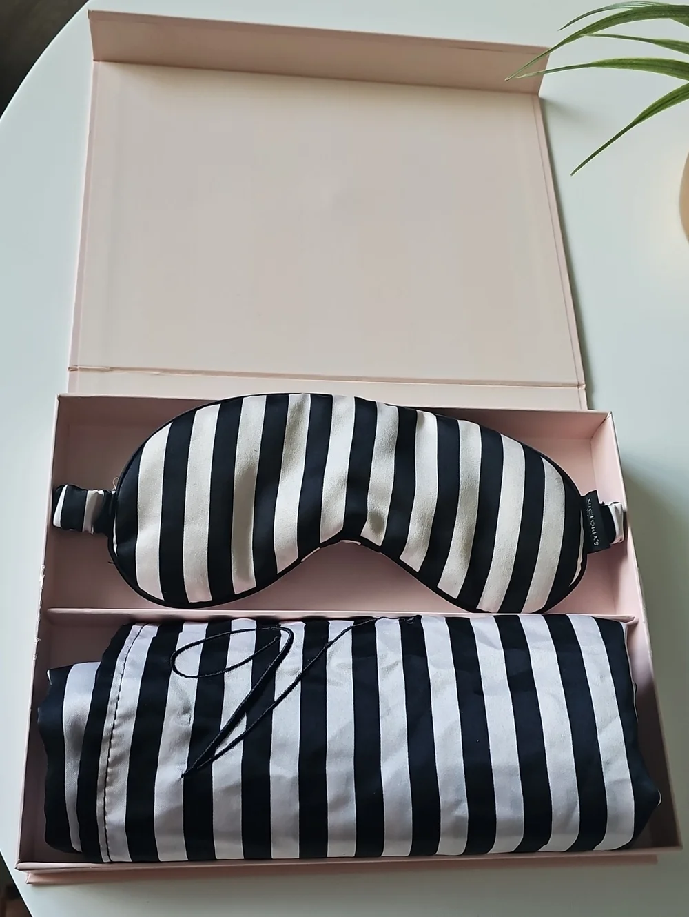 Victoria Secret Striped Black & White Satin Sleep Mask and Pouch Set